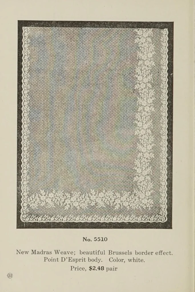 An illustration from Lace curtains : Nottingham, bobbinette, corded Arabians ... custom made draperies, laces, over drapes, bed sets, door panels, 1910, leaf 24