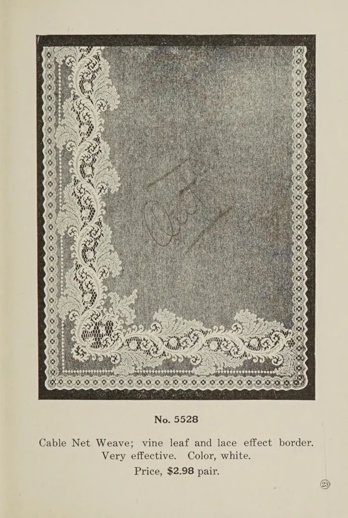 An illustration from Lace curtains : Nottingham, bobbinette, corded Arabians ... custom made draperies, laces, over drapes, bed sets, door panels, 1910, leaf 25