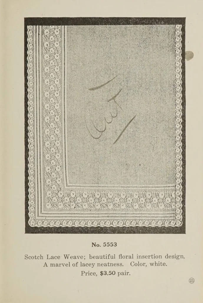 An illustration from Lace curtains : Nottingham, bobbinette, corded Arabians ... custom made draperies, laces, over drapes, bed sets, door panels, 1910, leaf 27