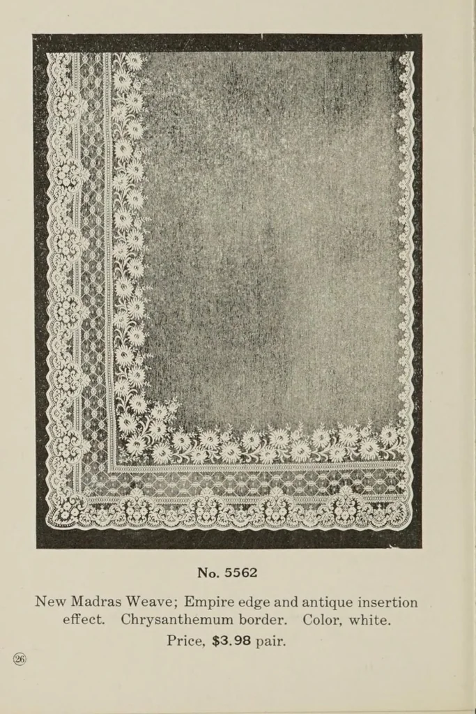 An illustration from Lace curtains : Nottingham, bobbinette, corded Arabians ... custom made draperies, laces, over drapes, bed sets, door panels, 1910, leaf 28