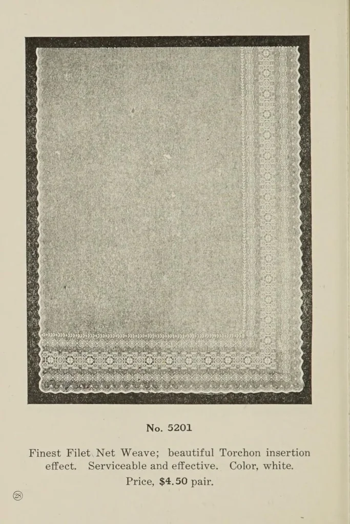 An illustration from Lace curtains : Nottingham, bobbinette, corded Arabians ... custom made draperies, laces, over drapes, bed sets, door panels, 1910, leaf 30