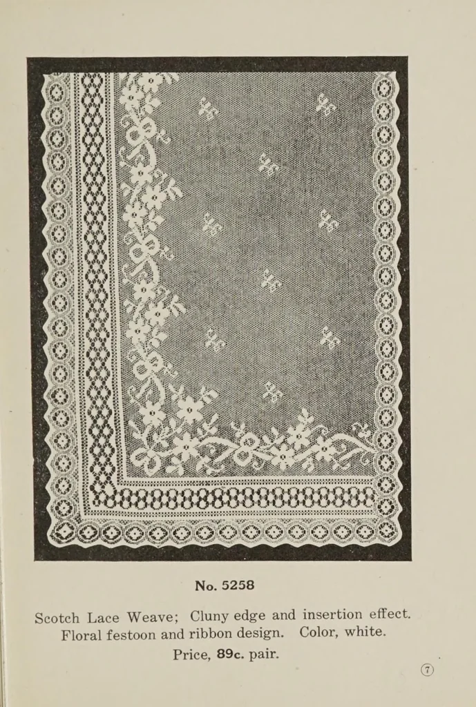 An illustration from Lace curtains : Nottingham, bobbinette, corded Arabians ... custom made draperies, laces, over drapes, bed sets, door panels, 1910, leaf 9