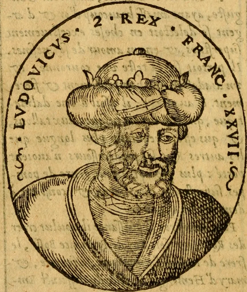 An illustration from La chronique des roys de France, puis Pharamond iusques au roy Henry, troisiesme, selon la computation des ans, iusques en l'an mil cinq cens soixante & quinze : Le catalogue des papes, puis S. Pierre iusques à Gregoire, treiziesme du nom. Le Catalogue des empereurs, puis Octouian Cesar iusques à Maximilian, present, 1576, leaf 105