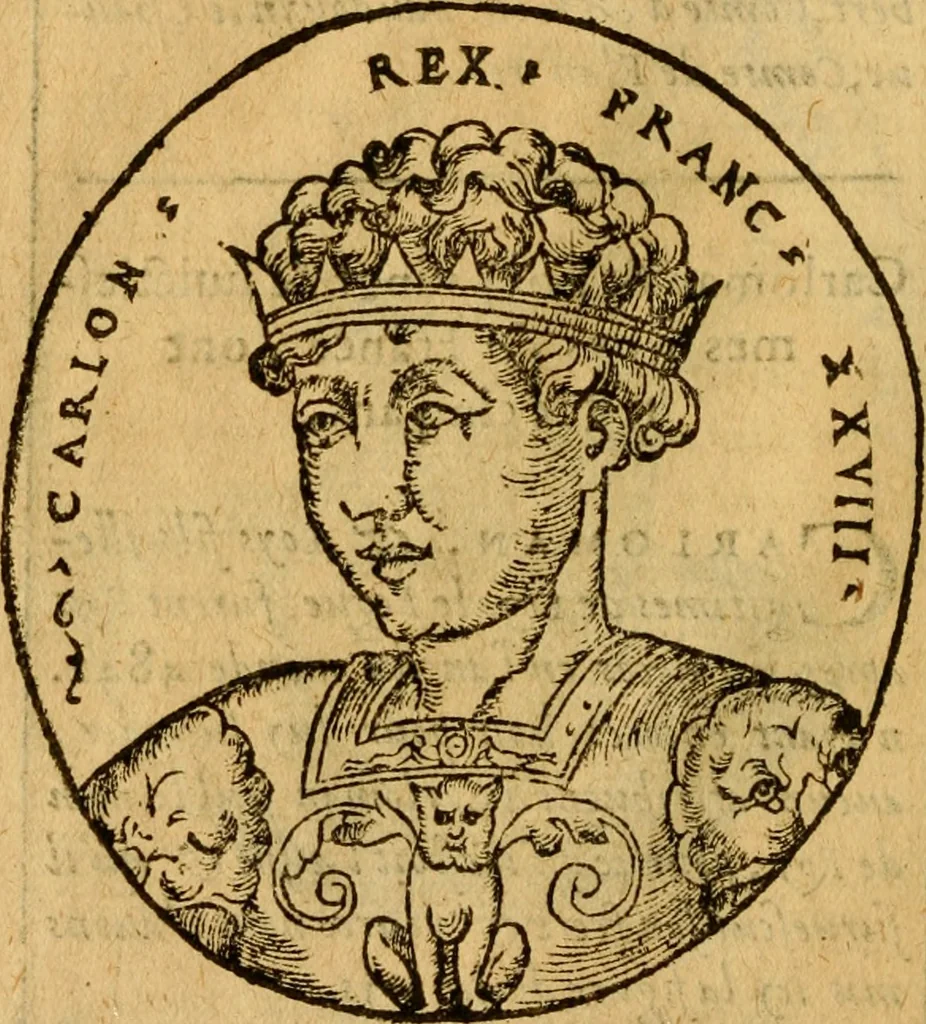 An illustration from La chronique des roys de France, puis Pharamond iusques au roy Henry, troisiesme, selon la computation des ans, iusques en l'an mil cinq cens soixante & quinze : Le catalogue des papes, puis S. Pierre iusques à Gregoire, treiziesme du nom. Le Catalogue des empereurs, puis Octouian Cesar iusques à Maximilian, present, 1576, leaf 107