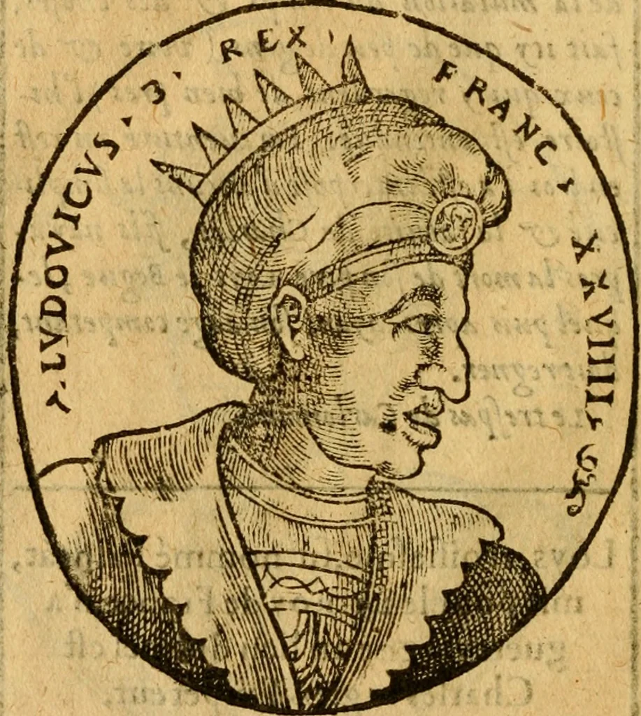 An illustration from La chronique des roys de France, puis Pharamond iusques au roy Henry, troisiesme, selon la computation des ans, iusques en l'an mil cinq cens soixante & quinze : Le catalogue des papes, puis S. Pierre iusques à Gregoire, treiziesme du nom. Le Catalogue des empereurs, puis Octouian Cesar iusques à Maximilian, present, 1576, leaf 109