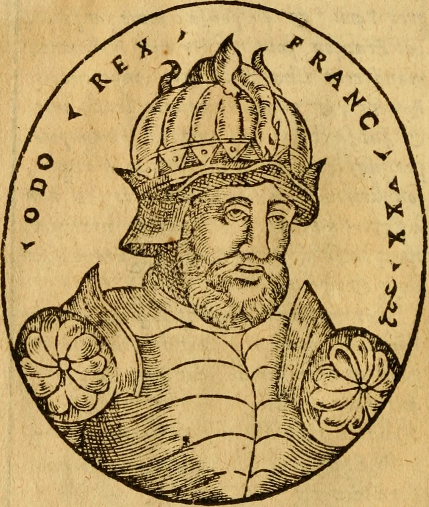 An illustration from La chronique des roys de France, puis Pharamond iusques au roy Henry, troisiesme, selon la computation des ans, iusques en l'an mil cinq cens soixante & quinze : Le catalogue des papes, puis S. Pierre iusques à Gregoire, treiziesme du nom. Le Catalogue des empereurs, puis Octouian Cesar iusques à Maximilian, present, 1576, leaf 111