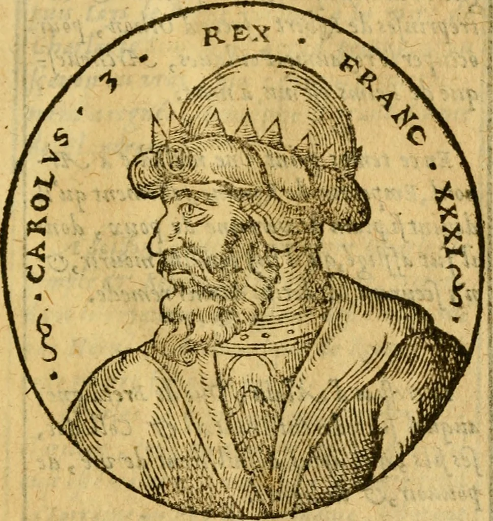 An illustration from La chronique des roys de France, puis Pharamond iusques au roy Henry, troisiesme, selon la computation des ans, iusques en l'an mil cinq cens soixante & quinze : Le catalogue des papes, puis S. Pierre iusques à Gregoire, treiziesme du nom. Le Catalogue des empereurs, puis Octouian Cesar iusques à Maximilian, present, 1576, leaf 114