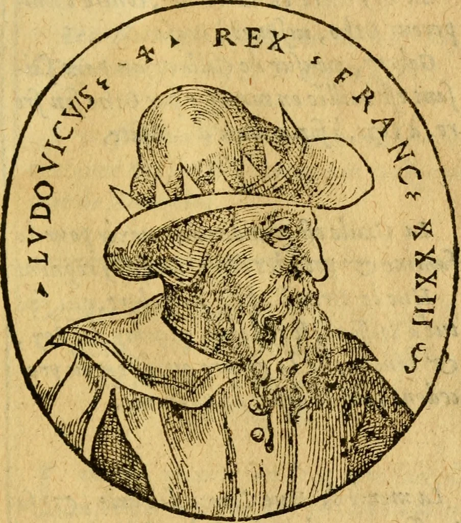 An illustration from La chronique des roys de France, puis Pharamond iusques au roy Henry, troisiesme, selon la computation des ans, iusques en l'an mil cinq cens soixante & quinze : Le catalogue des papes, puis S. Pierre iusques à Gregoire, treiziesme du nom. Le Catalogue des empereurs, puis Octouian Cesar iusques à Maximilian, present, 1576, leaf 120