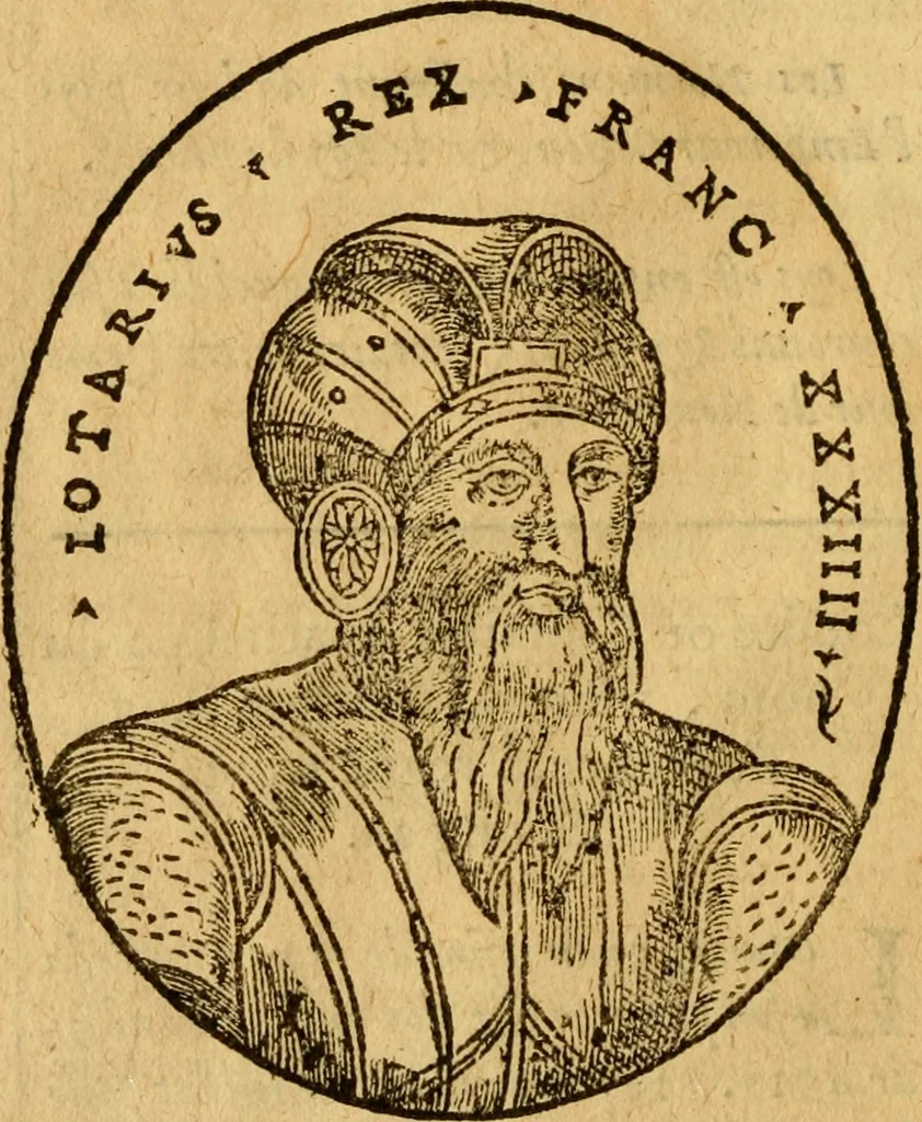 An illustration from La chronique des roys de France, puis Pharamond iusques au roy Henry, troisiesme, selon la computation des ans, iusques en l'an mil cinq cens soixante & quinze : Le catalogue des papes, puis S. Pierre iusques à Gregoire, treiziesme du nom. Le Catalogue des empereurs, puis Octouian Cesar iusques à Maximilian, present, 1576, leaf 123