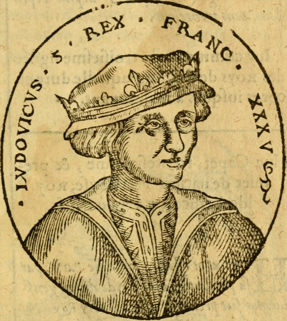 An illustration from La chronique des roys de France, puis Pharamond iusques au roy Henry, troisiesme, selon la computation des ans, iusques en l'an mil cinq cens soixante & quinze : Le catalogue des papes, puis S. Pierre iusques à Gregoire, treiziesme du nom. Le Catalogue des empereurs, puis Octouian Cesar iusques à Maximilian, present, 1576, leaf 126