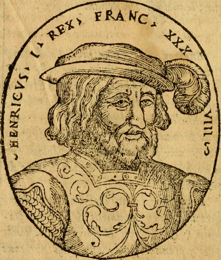 An illustration from La chronique des roys de France, puis Pharamond iusques au roy Henry, troisiesme, selon la computation des ans, iusques en l'an mil cinq cens soixante & quinze : Le catalogue des papes, puis S. Pierre iusques à Gregoire, treiziesme du nom. Le Catalogue des empereurs, puis Octouian Cesar iusques à Maximilian, present, 1576, leaf 135