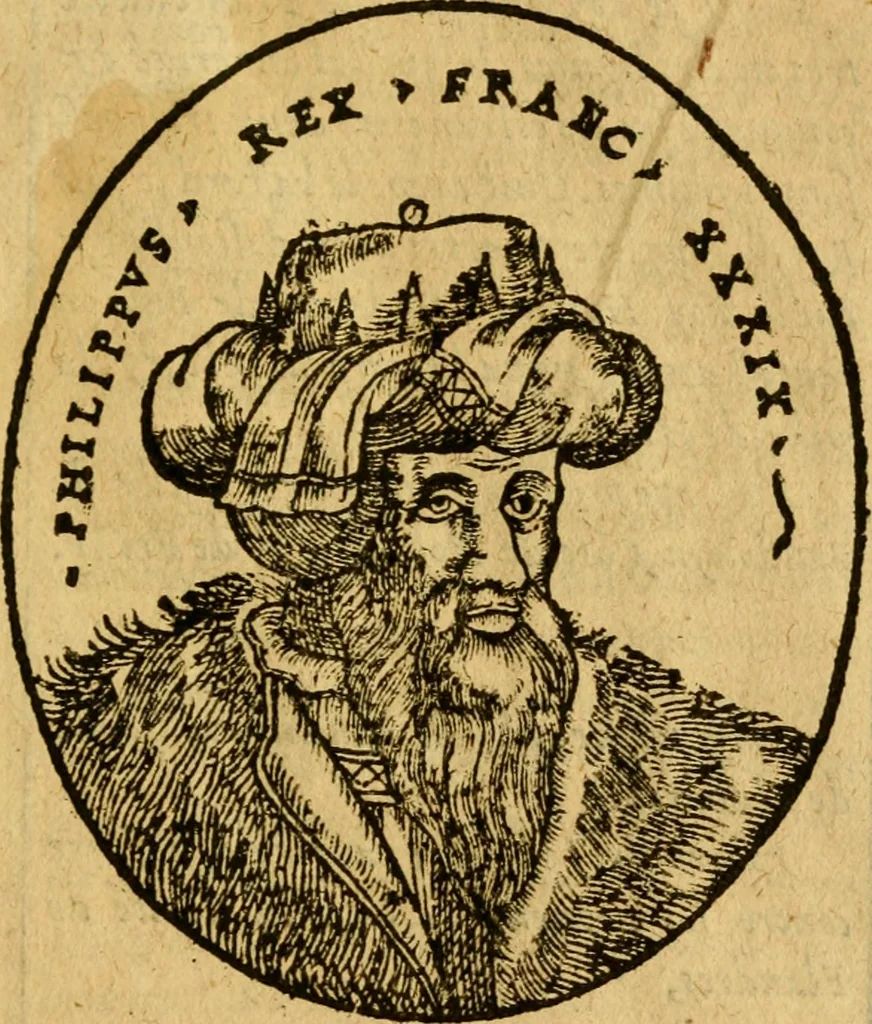 An illustration from La chronique des roys de France, puis Pharamond iusques au roy Henry, troisiesme, selon la computation des ans, iusques en l'an mil cinq cens soixante & quinze : Le catalogue des papes, puis S. Pierre iusques à Gregoire, treiziesme du nom. Le Catalogue des empereurs, puis Octouian Cesar iusques à Maximilian, present, 1576, leaf 140