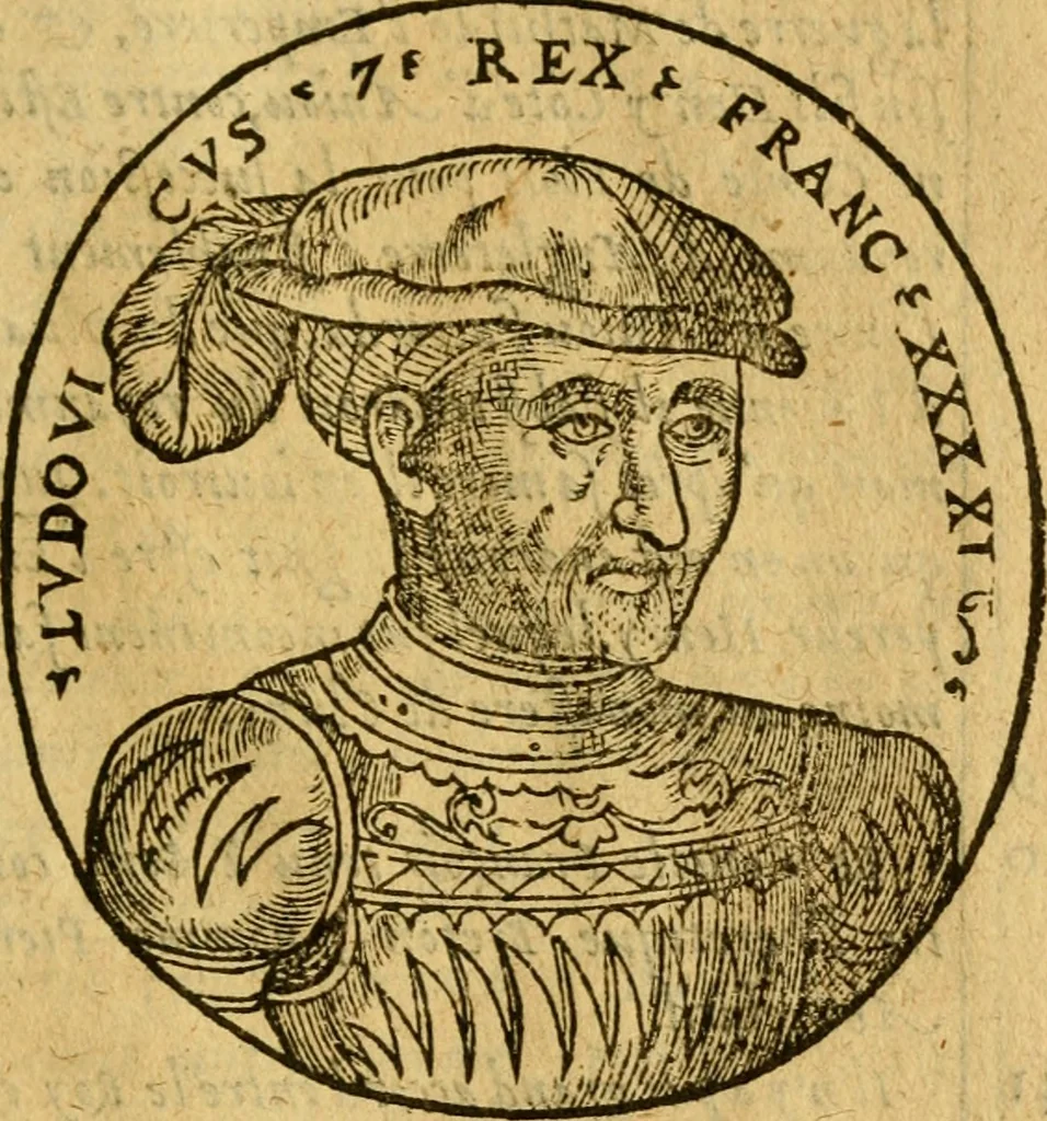 An illustration from La chronique des roys de France, puis Pharamond iusques au roy Henry, troisiesme, selon la computation des ans, iusques en l'an mil cinq cens soixante & quinze : Le catalogue des papes, puis S. Pierre iusques à Gregoire, treiziesme du nom. Le Catalogue des empereurs, puis Octouian Cesar iusques à Maximilian, present, 1576, leaf 154