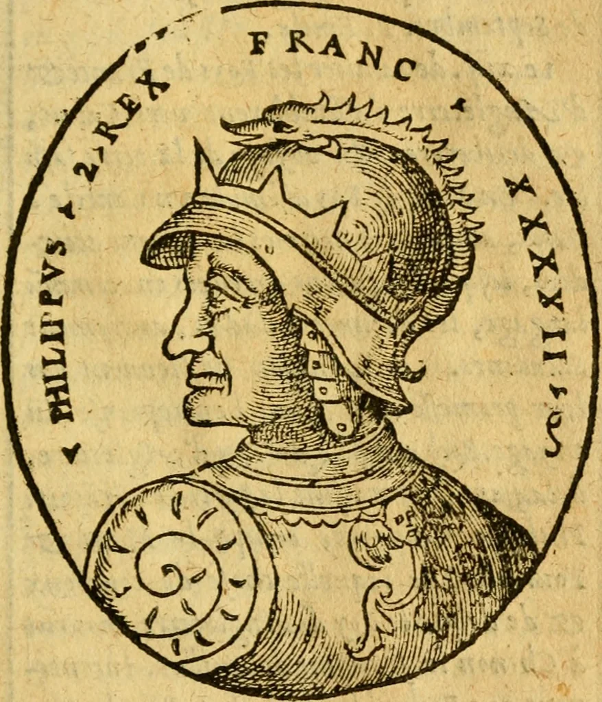 An illustration from La chronique des roys de France, puis Pharamond iusques au roy Henry, troisiesme, selon la computation des ans, iusques en l'an mil cinq cens soixante & quinze : Le catalogue des papes, puis S. Pierre iusques à Gregoire, treiziesme du nom. Le Catalogue des empereurs, puis Octouian Cesar iusques à Maximilian, present, 1576, leaf 164