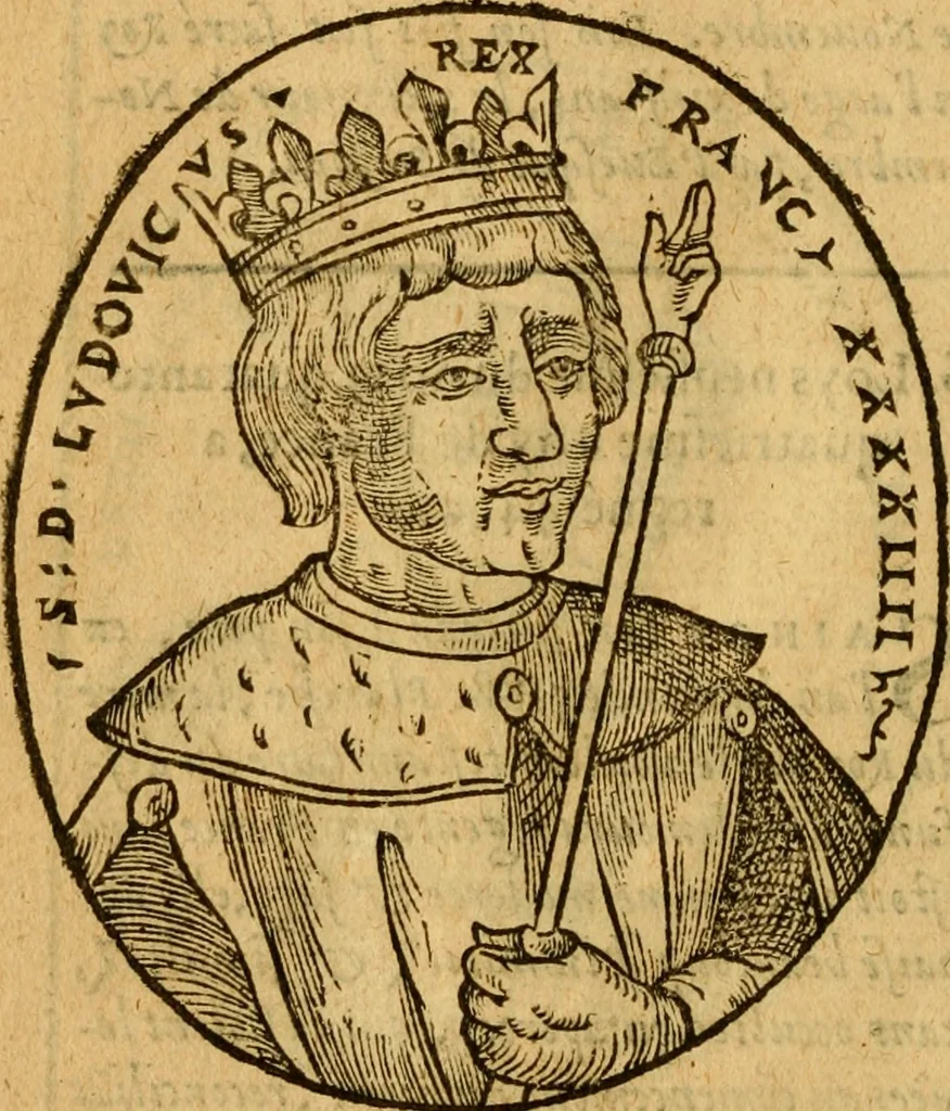 An illustration from La chronique des roys de France, puis Pharamond iusques au roy Henry, troisiesme, selon la computation des ans, iusques en l'an mil cinq cens soixante & quinze : Le catalogue des papes, puis S. Pierre iusques à Gregoire, treiziesme du nom. Le Catalogue des empereurs, puis Octouian Cesar iusques à Maximilian, present, 1576, leaf 177