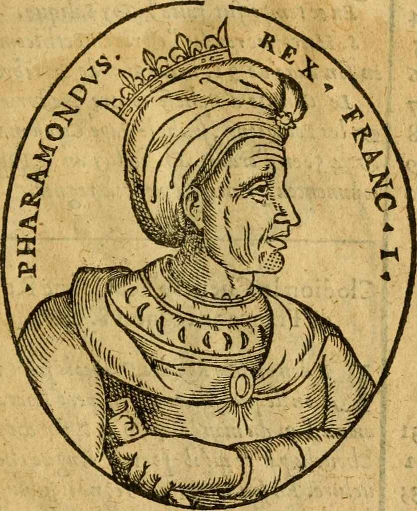 An illustration from La chronique des roys de France, puis Pharamond iusques au roy Henry, troisiesme, selon la computation des ans, iusques en l'an mil cinq cens soixante & quinze : Le catalogue des papes, puis S. Pierre iusques à Gregoire, treiziesme du nom. Le Catalogue des empereurs, puis Octouian Cesar iusques à Maximilian, present, 1576, leaf 18