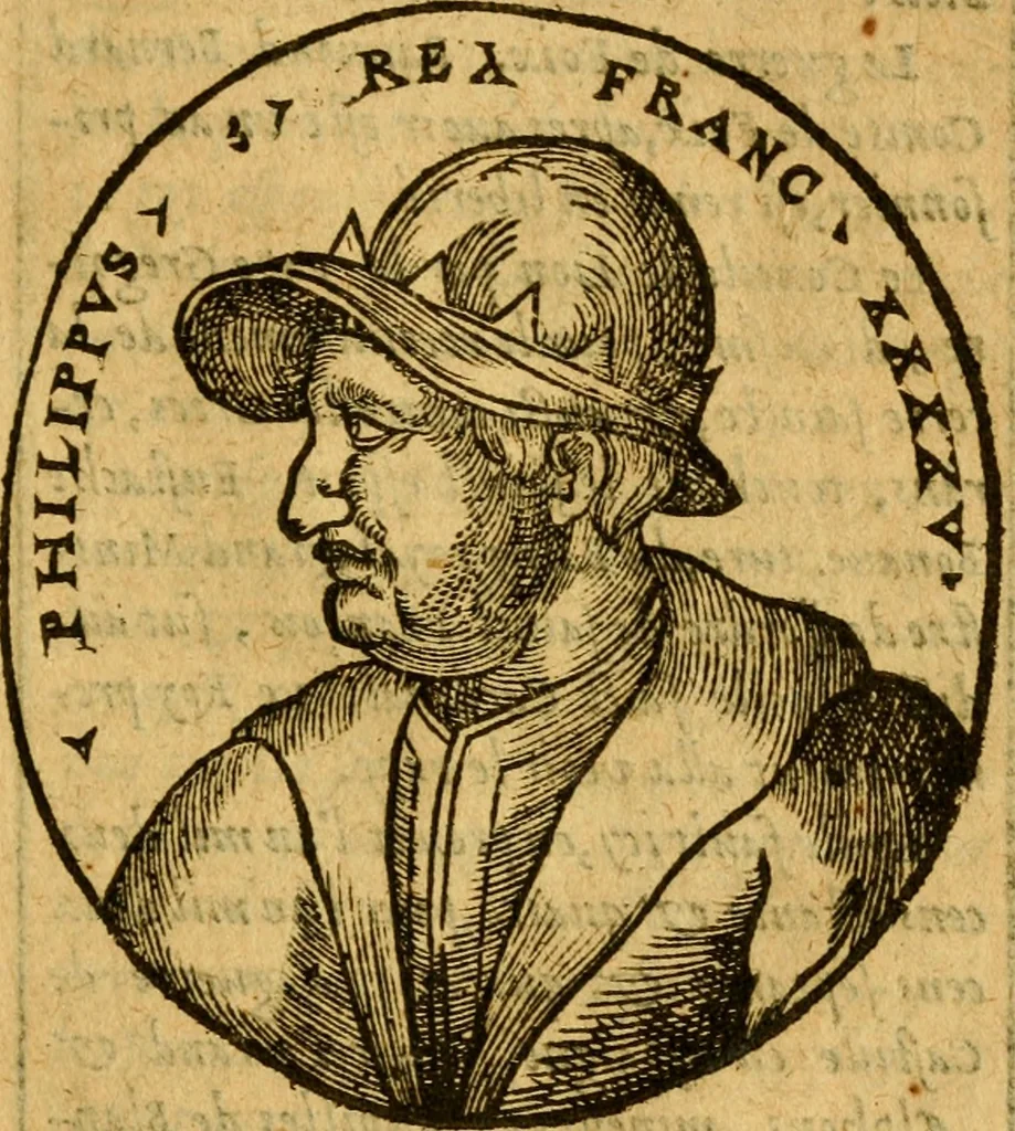 An illustration from La chronique des roys de France, puis Pharamond iusques au roy Henry, troisiesme, selon la computation des ans, iusques en l'an mil cinq cens soixante & quinze : Le catalogue des papes, puis S. Pierre iusques à Gregoire, treiziesme du nom. Le Catalogue des empereurs, puis Octouian Cesar iusques à Maximilian, present, 1576, leaf 190