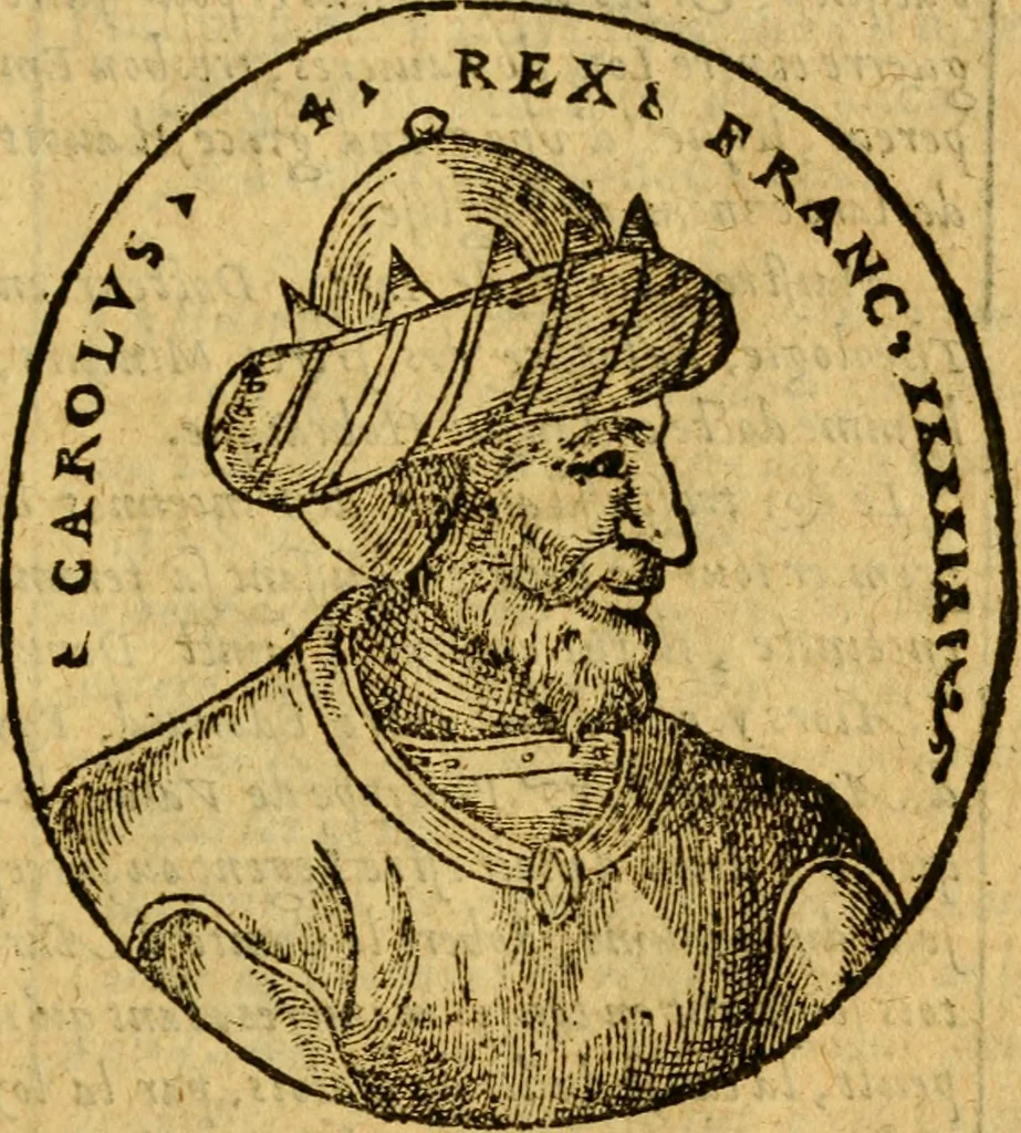 An illustration from La chronique des roys de France, puis Pharamond iusques au roy Henry, troisiesme, selon la computation des ans, iusques en l'an mil cinq cens soixante & quinze : Le catalogue des papes, puis S. Pierre iusques à Gregoire, treiziesme du nom. Le Catalogue des empereurs, puis Octouian Cesar iusques à Maximilian, present, 1576, leaf 212