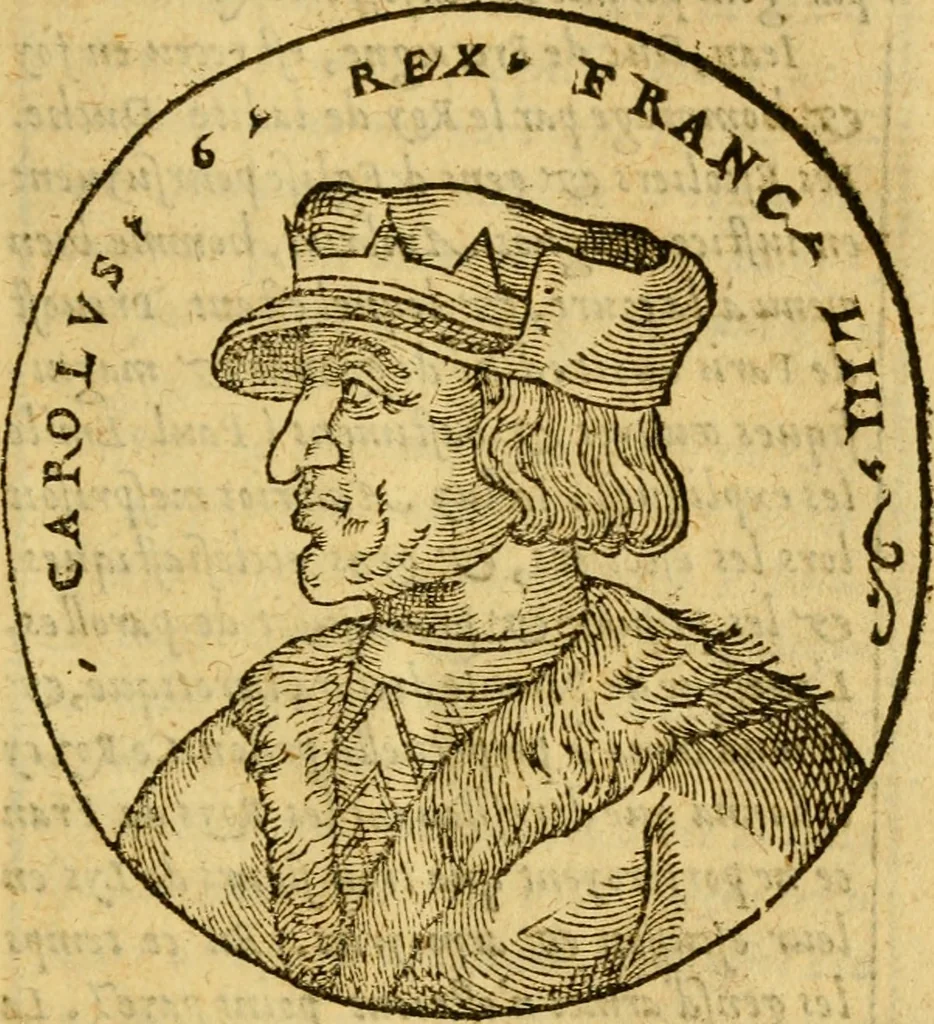 An illustration from La chronique des roys de France, puis Pharamond iusques au roy Henry, troisiesme, selon la computation des ans, iusques en l'an mil cinq cens soixante & quinze : Le catalogue des papes, puis S. Pierre iusques à Gregoire, treiziesme du nom. Le Catalogue des empereurs, puis Octouian Cesar iusques à Maximilian, present, 1576, leaf 242