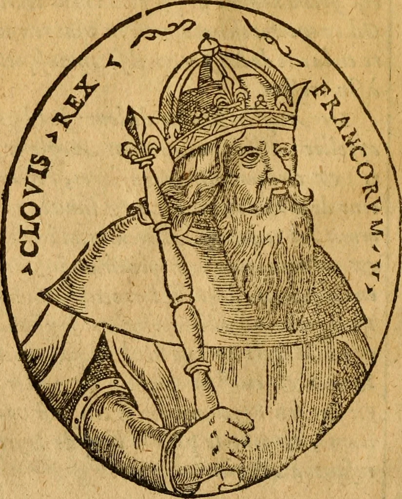 An illustration from La chronique des roys de France, puis Pharamond iusques au roy Henry, troisiesme, selon la computation des ans, iusques en l'an mil cinq cens soixante & quinze : Le catalogue des papes, puis S. Pierre iusques à Gregoire, treiziesme du nom. Le Catalogue des empereurs, puis Octouian Cesar iusques à Maximilian, present, 1576, leaf 27