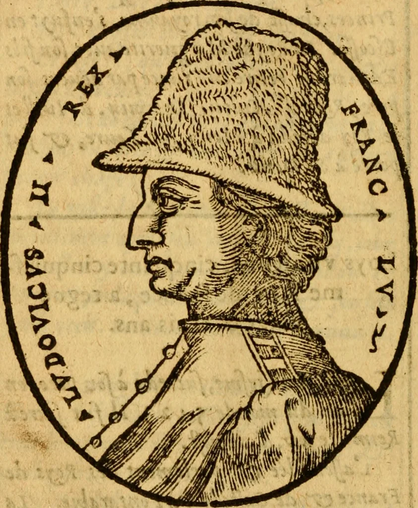 An illustration from La chronique des roys de France, puis Pharamond iusques au roy Henry, troisiesme, selon la computation des ans, iusques en l'an mil cinq cens soixante & quinze : Le catalogue des papes, puis S. Pierre iusques à Gregoire, treiziesme du nom. Le Catalogue des empereurs, puis Octouian Cesar iusques à Maximilian, present, 1576, leaf 271