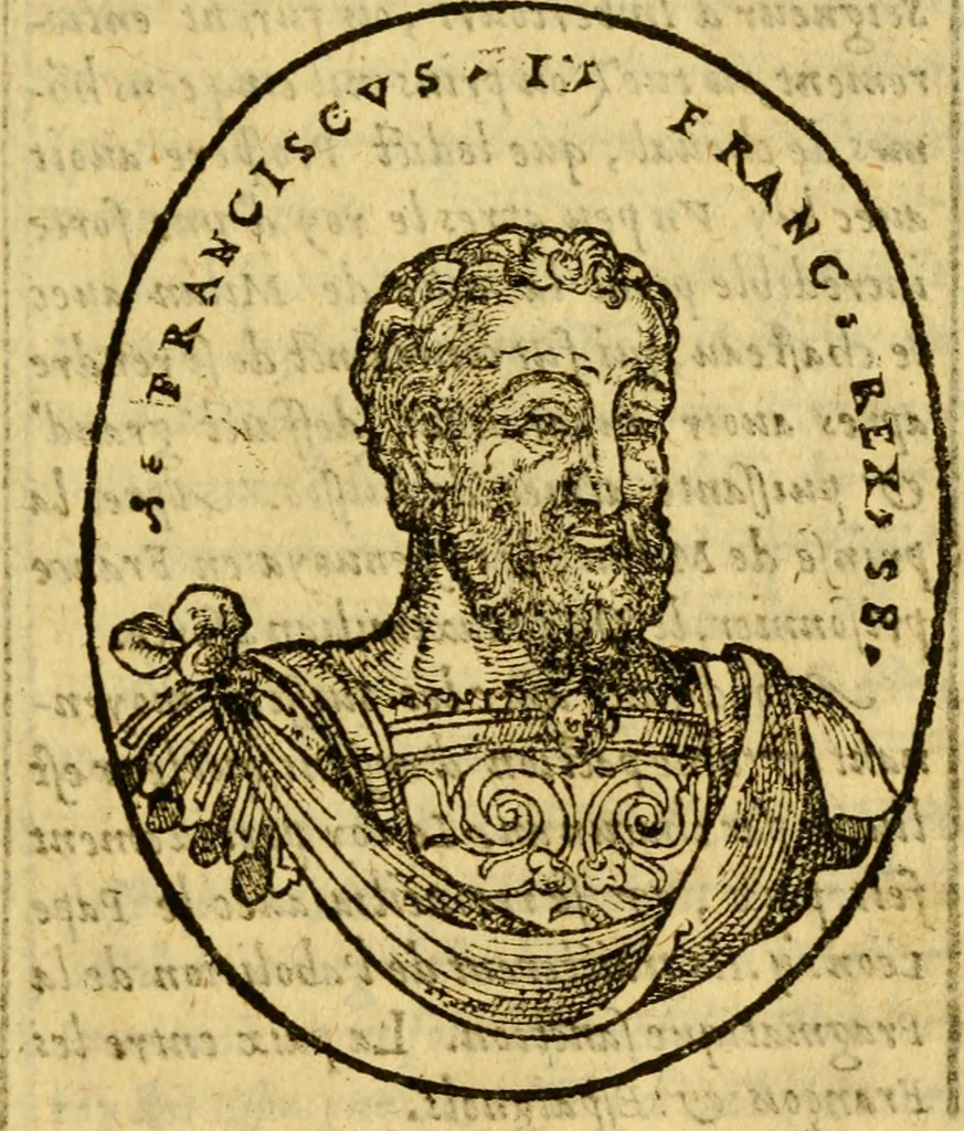 An illustration from La chronique des roys de France, puis Pharamond iusques au roy Henry, troisiesme, selon la computation des ans, iusques en l'an mil cinq cens soixante & quinze : Le catalogue des papes, puis S. Pierre iusques à Gregoire, treiziesme du nom. Le Catalogue des empereurs, puis Octouian Cesar iusques à Maximilian, present, 1576, leaf 296