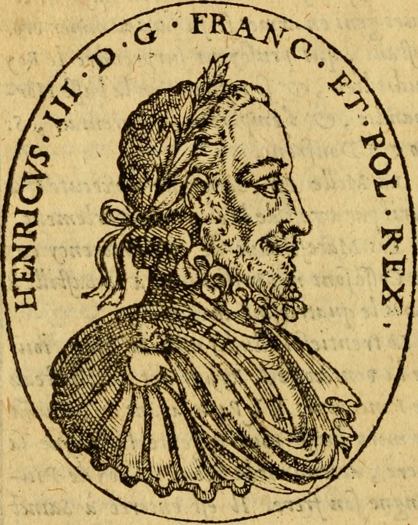 An illustration from La chronique des roys de France, puis Pharamond iusques au roy Henry, troisiesme, selon la computation des ans, iusques en l'an mil cinq cens soixante & quinze : Le catalogue des papes, puis S. Pierre iusques à Gregoire, treiziesme du nom. Le Catalogue des empereurs, puis Octouian Cesar iusques à Maximilian, present, 1576, leaf 347