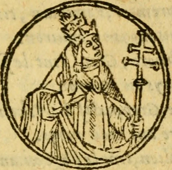 An illustration from La chronique des roys de France, puis Pharamond iusques au roy Henry, troisiesme, selon la computation des ans, iusques en l'an mil cinq cens soixante & quinze : Le catalogue des papes, puis S. Pierre iusques à Gregoire, treiziesme du nom. Le Catalogue des empereurs, puis Octouian Cesar iusques à Maximilian, present, 1576, leaf 350