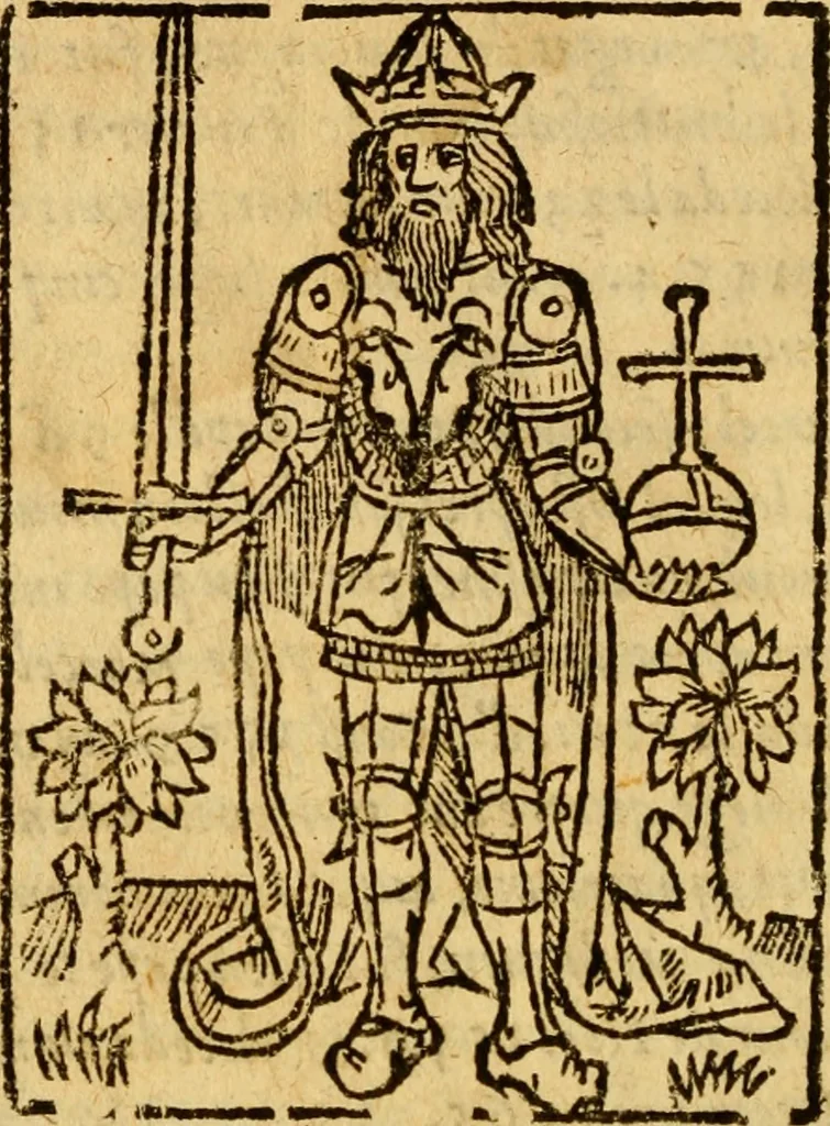 An illustration from La chronique des roys de France, puis Pharamond iusques au roy Henry, troisiesme, selon la computation des ans, iusques en l'an mil cinq cens soixante & quinze : Le catalogue des papes, puis S. Pierre iusques à Gregoire, treiziesme du nom. Le Catalogue des empereurs, puis Octouian Cesar iusques à Maximilian, present, 1576, leaf 369