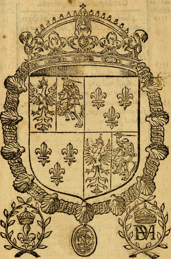 An illustration from La chronique des roys de France, puis Pharamond iusques au roy Henry, troisiesme, selon la computation des ans, iusques en l'an mil cinq cens soixante & quinze : Le catalogue des papes, puis S. Pierre iusques à Gregoire, treiziesme du nom. Le Catalogue des empereurs, puis Octouian Cesar iusques à Maximilian, present, 1576, leaf 385