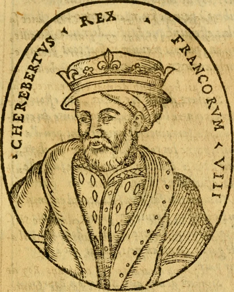 An illustration from La chronique des roys de France, puis Pharamond iusques au roy Henry, troisiesme, selon la computation des ans, iusques en l'an mil cinq cens soixante & quinze : Le catalogue des papes, puis S. Pierre iusques à Gregoire, treiziesme du nom. Le Catalogue des empereurs, puis Octouian Cesar iusques à Maximilian, present, 1576, leaf 42