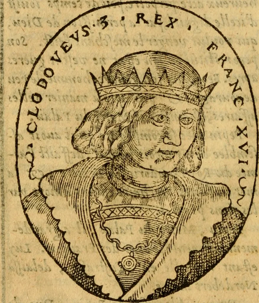 An illustration from La chronique des roys de France, puis Pharamond iusques au roy Henry, troisiesme, selon la computation des ans, iusques en l'an mil cinq cens soixante & quinze : Le catalogue des papes, puis S. Pierre iusques à Gregoire, treiziesme du nom. Le Catalogue des empereurs, puis Octouian Cesar iusques à Maximilian, present, 1576, leaf 71
