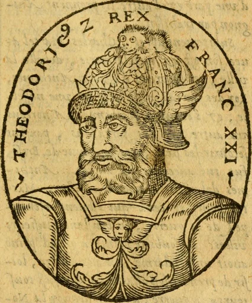 An illustration from La chronique des roys de France, puis Pharamond iusques au roy Henry, troisiesme, selon la computation des ans, iusques en l'an mil cinq cens soixante & quinze : Le catalogue des papes, puis S. Pierre iusques à Gregoire, treiziesme du nom. Le Catalogue des empereurs, puis Octouian Cesar iusques à Maximilian, present, 1576, leaf 82