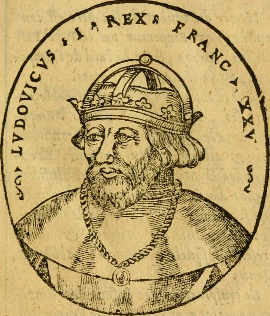 An illustration from La chronique des roys de France, puis Pharamond iusques au roy Henry, troisiesme, selon la computation des ans, iusques en l'an mil cinq cens soixante & quinze : Le catalogue des papes, puis S. Pierre iusques à Gregoire, treiziesme du nom. Le Catalogue des empereurs, puis Octouian Cesar iusques à Maximilian, present, 1576, leaf 96