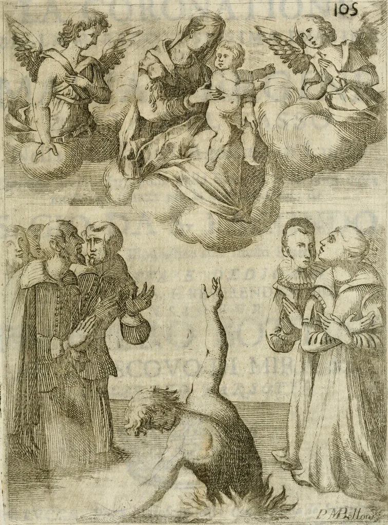 An illustration from La coronatione della miracolosissima imagine di Maria Vergine detta del Sasso, nella chiesa di S. Agostino di Lucca : con una breve narratione della solenne festa fatta nella medesima chiesa per la canonizatione di S. Gio. da S. Facondo e la vita elogiastica dell' istesso santo, 1693, leaf 4
