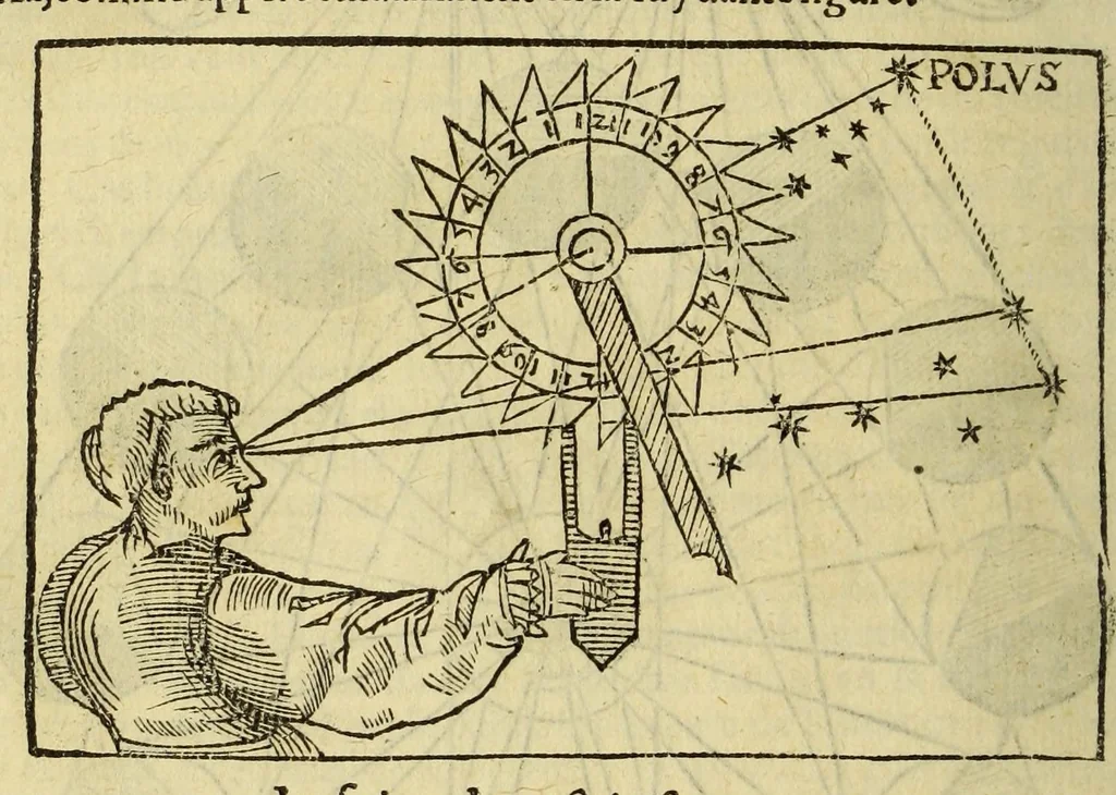 An illustration from La cosmographie de Pierre Apian, libure tresutile, traictant de toutes les regions [et] pays du monde par artifice astronomicque, nouuellement traduict de latin en françois. ; Et par Gemma Frison ... corrige. Auecq[ue] aultres libures du mesme Gemma Fr. appartenantz audict artifice, com[m]e la page ensuyuante la declaire, 1544, leaf 100