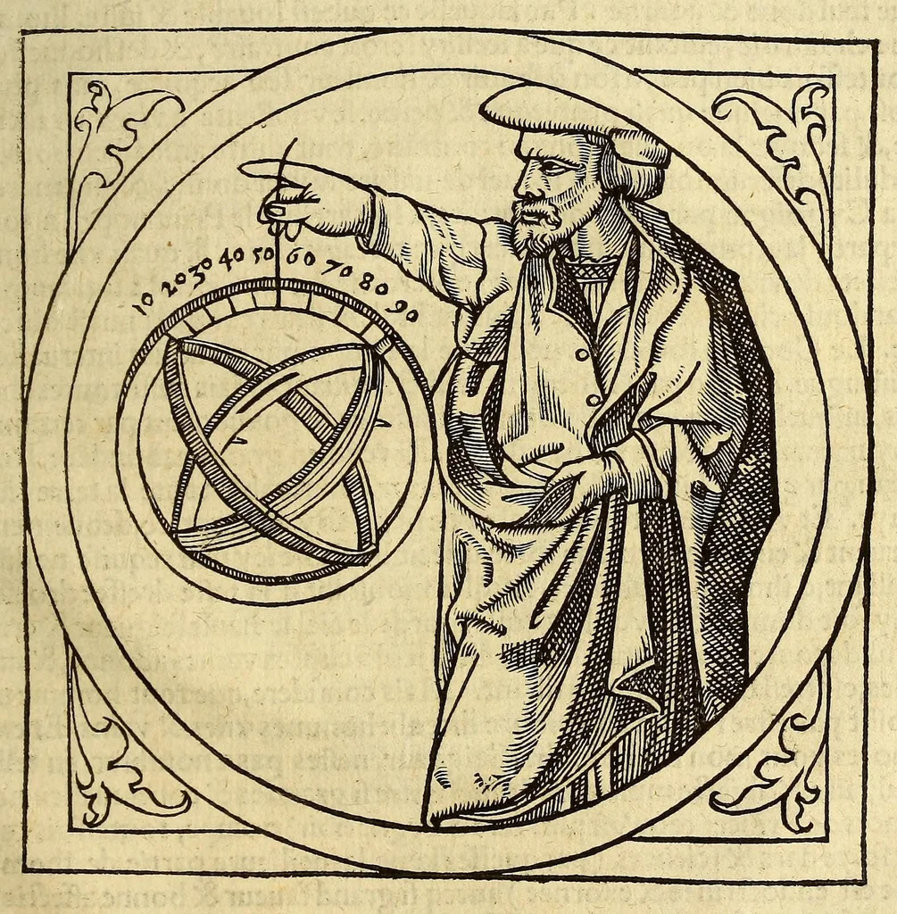 An illustration from La cosmographie de Pierre Apian, libure tresutile, traictant de toutes les regions [et] pays du monde par artifice astronomicque, nouuellement traduict de latin en françois. ; Et par Gemma Frison ... corrige. Auecq[ue] aultres libures du mesme Gemma Fr. appartenantz audict artifice, com[m]e la page ensuyuante la declaire, 1544, leaf 115