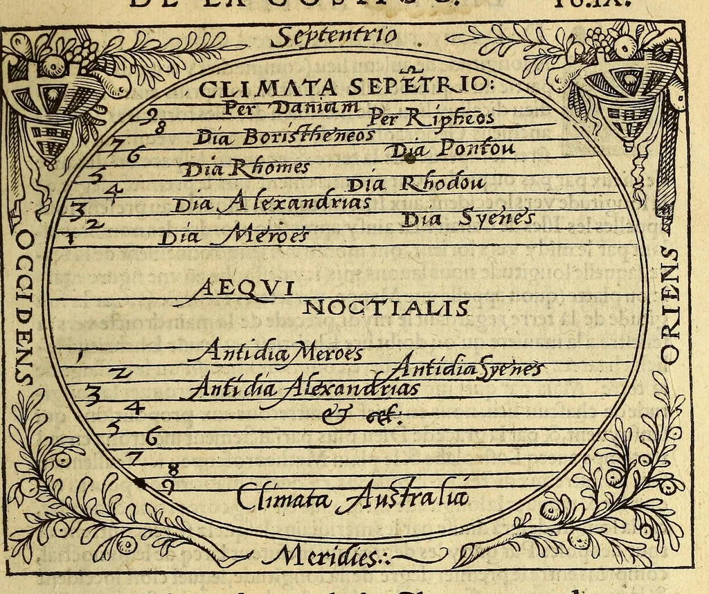 An illustration from La cosmographie de Pierre Apian, libure tresutile, traictant de toutes les regions [et] pays du monde par artifice astronomicque, nouuellement traduict de latin en françois. ; Et par Gemma Frison ... corrige. Auecq[ue] aultres libures du mesme Gemma Fr. appartenantz audict artifice, com[m]e la page ensuyuante la declaire, 1544, leaf 21
