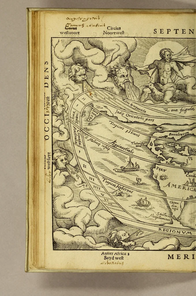 An illustration from La cosmographie de Pierre Apian, libure tresutile, traictant de toutes les regions [et] pays du monde par artifice astronomicque, nouuellement traduict de latin en françois. ; Et par Gemma Frison ... corrige. Auecq[ue] aultres libures du mesme Gemma Fr. appartenantz audict artifice, com[m]e la page ensuyuante la declaire, 1544, leaf 54