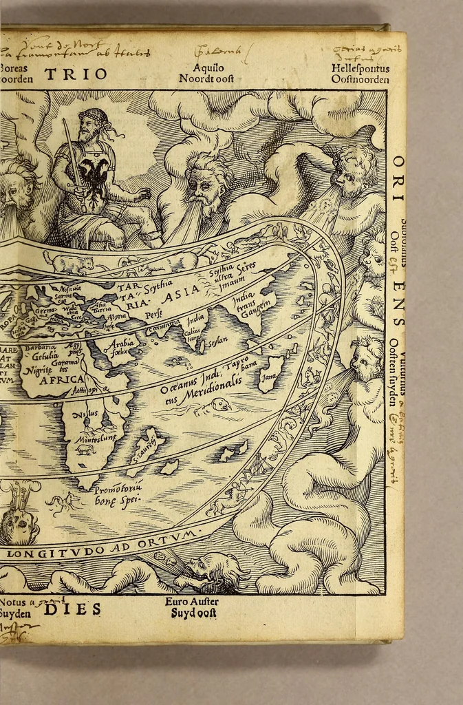 An illustration from La cosmographie de Pierre Apian, libure tresutile, traictant de toutes les regions [et] pays du monde par artifice astronomicque, nouuellement traduict de latin en françois. ; Et par Gemma Frison ... corrige. Auecq[ue] aultres libures du mesme Gemma Fr. appartenantz audict artifice, com[m]e la page ensuyuante la declaire, 1544, leaf 55