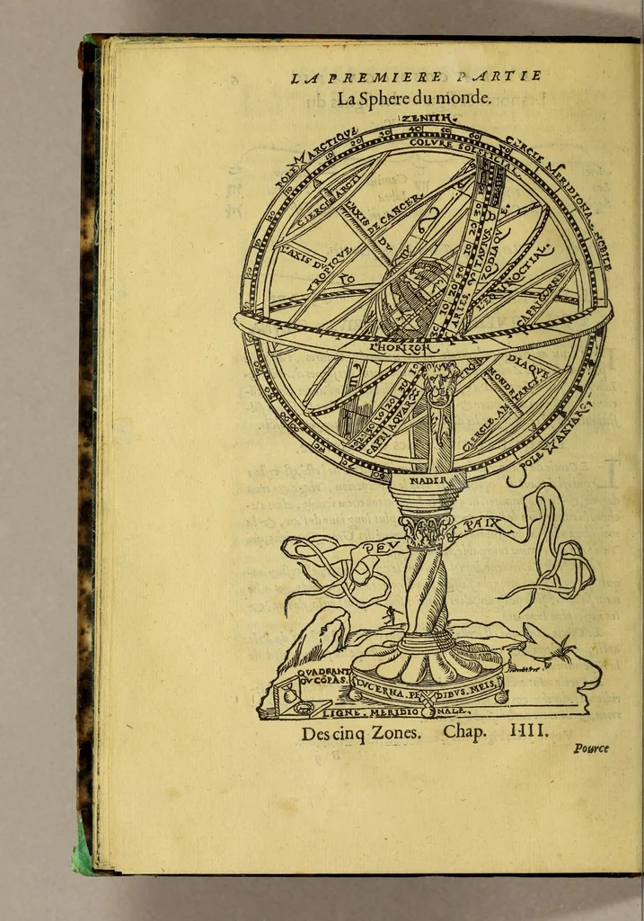 An illustration from La cosmographie de Pierre Apian, ... traictant de toutes les regions, pais, villes, [et] citez du monde, par artifice astronomique,, 1551, leaf 18