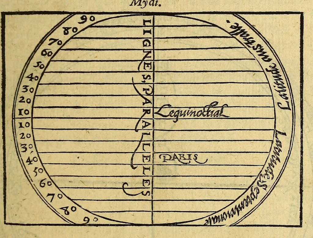 An illustration from La cosmographie de Pierre Apian, ... traictant de toutes les regions, pais, villes, [et] citez du monde, par artifice astronomique,, 1551, leaf 25
