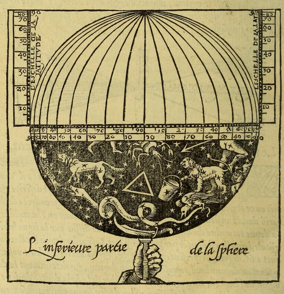 An illustration from La cosmographie de Pierre Apian, ... traictant de toutes les regions, pais, villes, [et] citez du monde, par artifice astronomique,, 1551, leaf 54