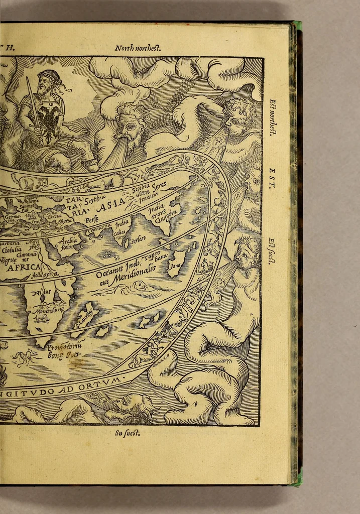 An illustration from La cosmographie de Pierre Apian, ... traictant de toutes les regions, pais, villes, [et] citez du monde, par artifice astronomique,, 1551, leaf 59