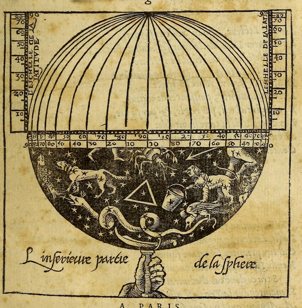 An illustration from La cosmographie de Pierre Apian, ... traictant de toutes les regions, pais, villes, [et] citez du monde, par artifice astronomique,, 1551, leaf 7