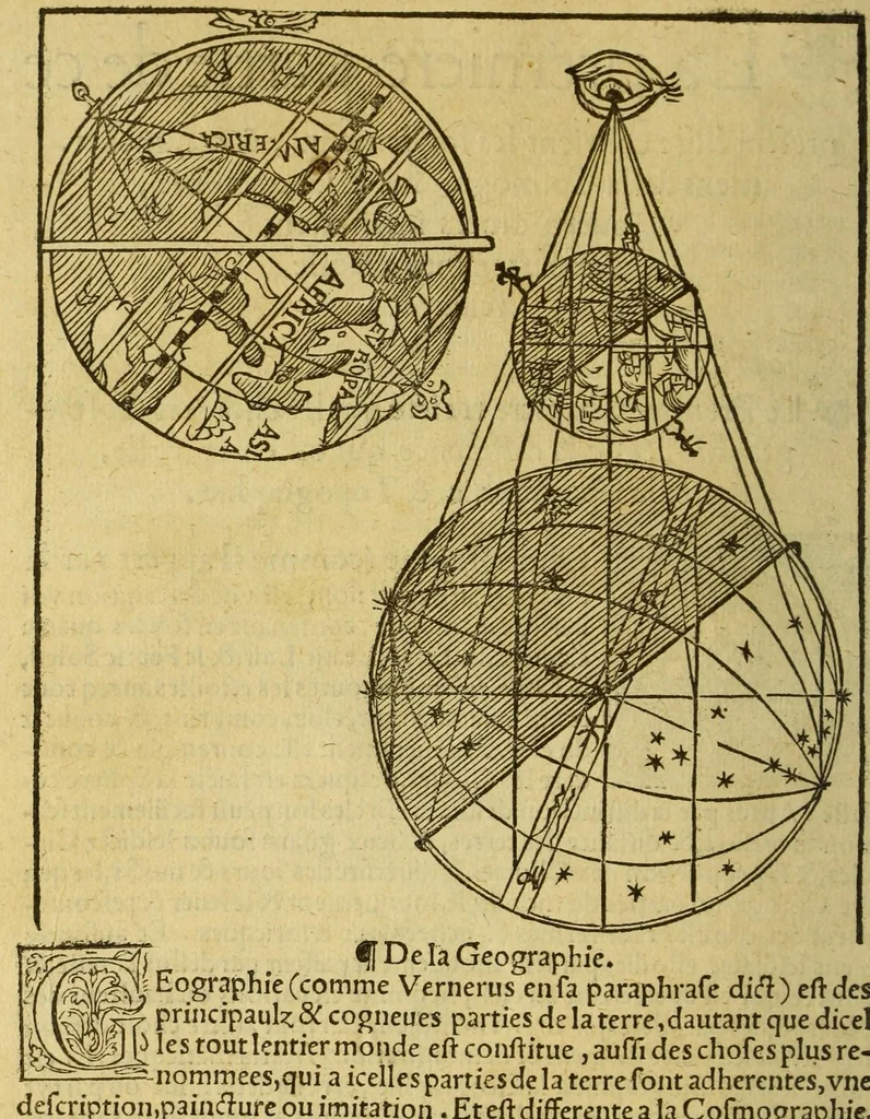 An illustration from La cosmographie de Pierre Apian, libure tresutile, traictant de toutes les regions [et] pays du monde par artifice astronomicque, nouuelleme[n]t traduict de latin en francois. ; Et par Gemma Frison ... corrige. Auecq[ue] aultres libures du mesme Gemma Fr. appartenantz audict artifice, co[m]me la page ensuyuante la declaire, 1544, leaf 10