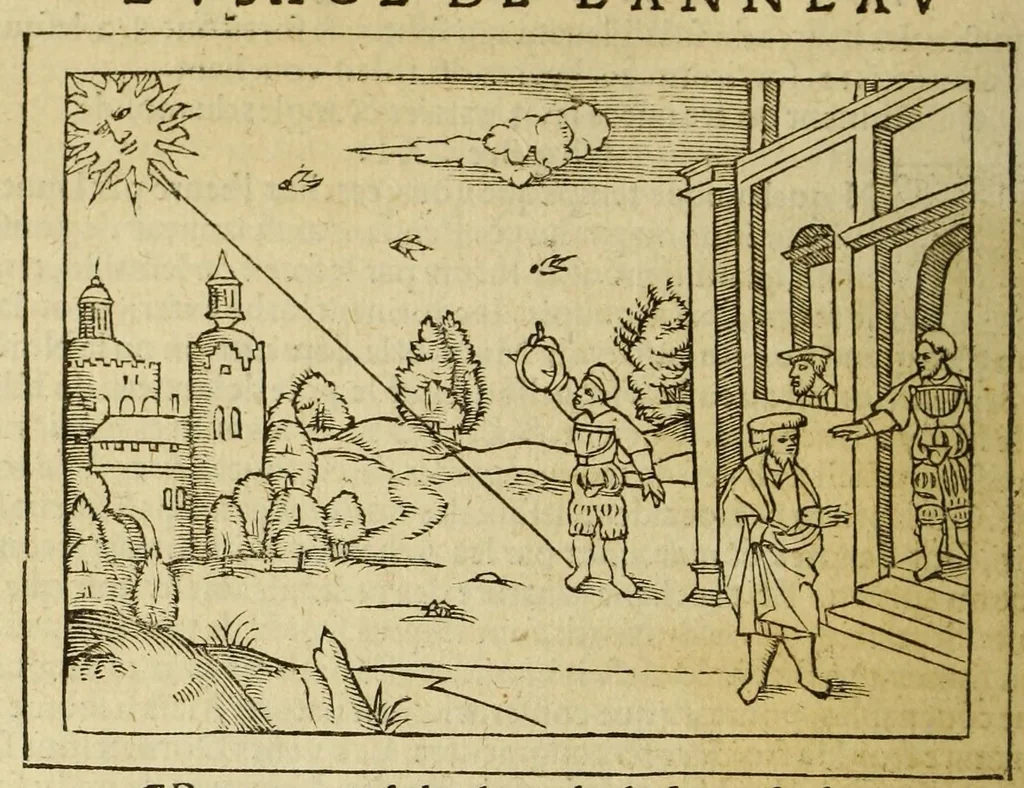 An illustration from La cosmographie de Pierre Apian, libure tresutile, traictant de toutes les regions [et] pays du monde par artifice astronomicque, nouuelleme[n]t traduict de latin en francois. ; Et par Gemma Frison ... corrige. Auecq[ue] aultres libures du mesme Gemma Fr. appartenantz audict artifice, co[m]me la page ensuyuante la declaire, 1544, leaf 128