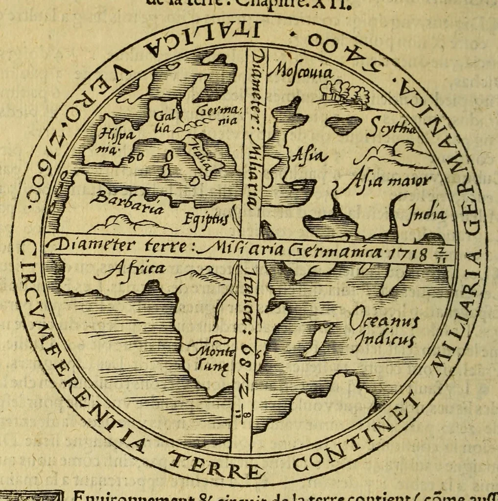 An illustration from La cosmographie de Pierre Apian, libure tresutile, traictant de toutes les regions [et] pays du monde par artifice astronomicque, nouuelleme[n]t traduict de latin en francois. ; Et par Gemma Frison ... corrige. Auecq[ue] aultres libures du mesme Gemma Fr. appartenantz audict artifice, co[m]me la page ensuyuante la declaire, 1544, leaf 38