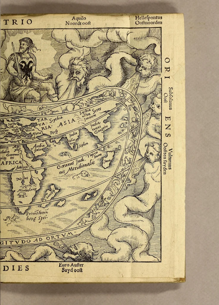An illustration from La cosmographie de Pierre Apian, libure tresutile, traictant de toutes les regions [et] pays du monde par artifice astronomicque, nouuelleme[n]t traduict de latin en francois. ; Et par Gemma Frison ... corrige. Auecq[ue] aultres libures du mesme Gemma Fr. appartenantz audict artifice, co[m]me la page ensuyuante la declaire, 1544, leaf 55