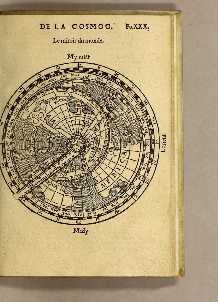 An illustration from La cosmographie de Pierre Apian, libure tresutile, traictant de toutes les regions [et] pays du monde par artifice astronomicque, nouuelleme[n]t traduict de latin en francois. ; Et par Gemma Frison ... corrige. Auecq[ue] aultres libures du mesme Gemma Fr. appartenantz audict artifice, co[m]me la page ensuyuante la declaire, 1544, leaf 63